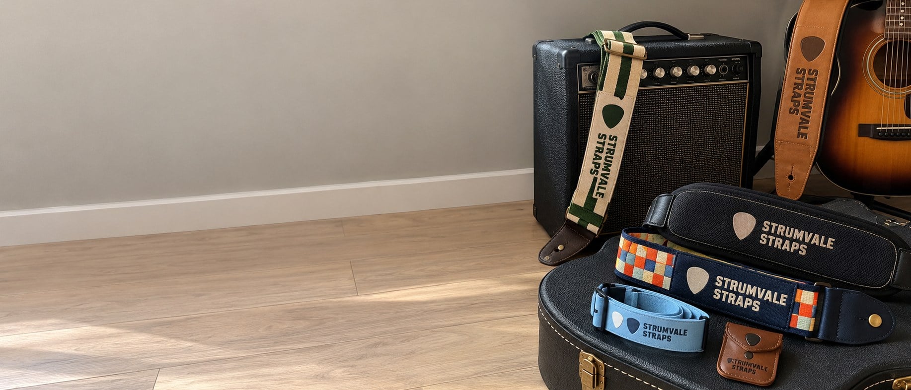 Custom woven, leather, printed and padded guitar straps draped over an amp and a closed guitar case by a wall